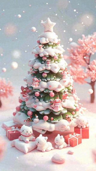 冬天圣诞树有小猫可爱，雪球雪花圣诞节