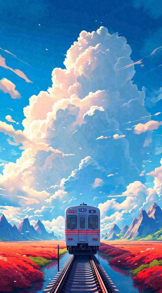 蓝天白云交通高铁铁路火车，草坪鲜花彩色插画(816x1472)