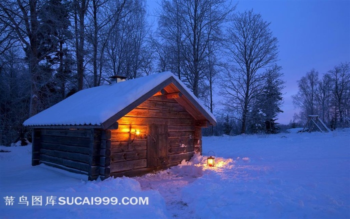 雪地风景和小屋图片