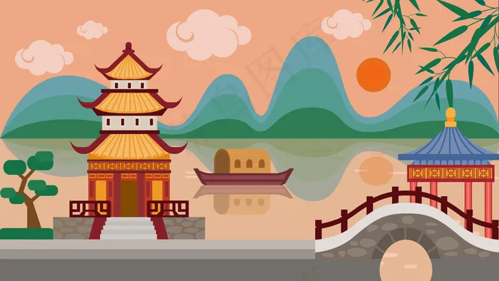 古风建筑插画ai矢量模版下载
