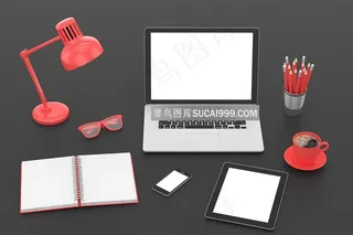 桌子上的红色台灯和笔记本