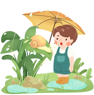 二十四节气谷雨小孩打雨伞看蜗牛
