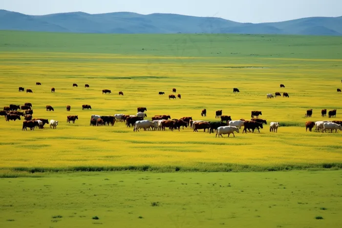 草原上的牛羊远山摄影图(4032x2688)