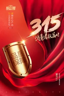 大气书红绸盾牌诚信315海报