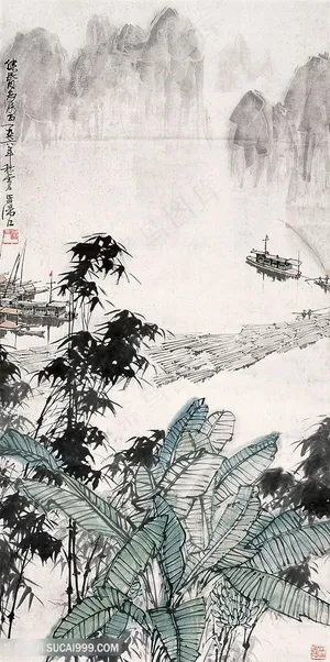 白雪石唯美水墨山脉树木风景画