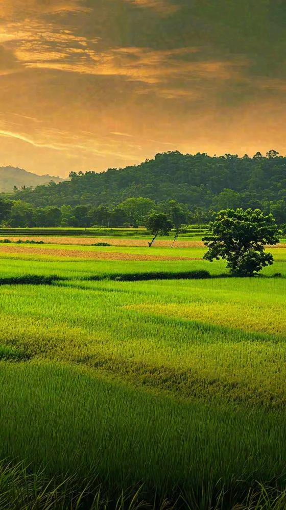 春天落日温馨稻草水稻农田种植，小满芒种摄影图(816x1456)