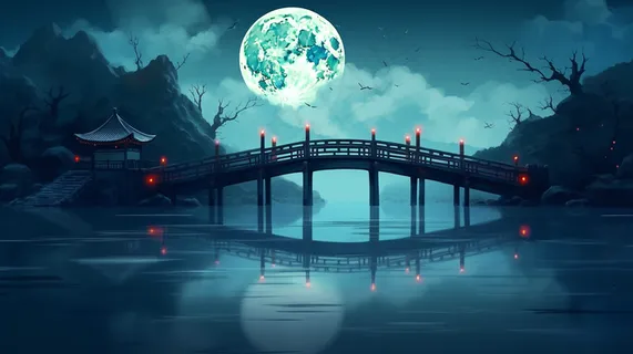 夜晚月亮河流上的拱桥摄影图