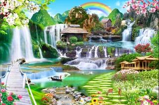 流水生财木桥彩虹美丽风景