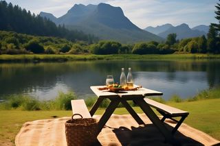 草地野餐郊外篮子山脉背景