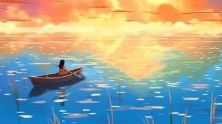 夕阳下女孩在船上划船天空湖泊倒影卡通插画