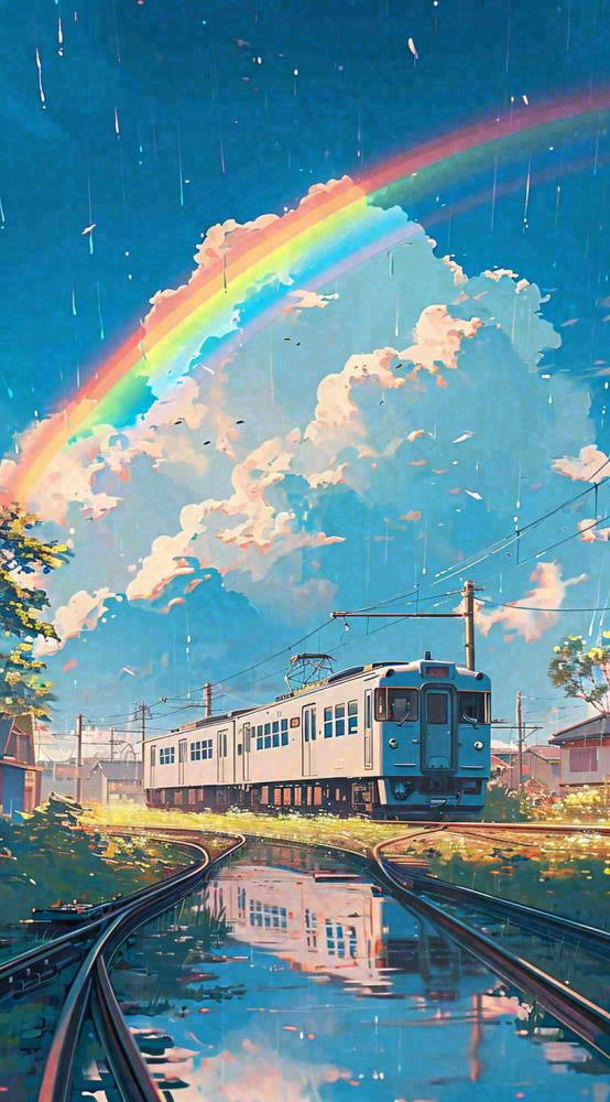 蓝天白云下草地河流高铁火车铁路手绘插画