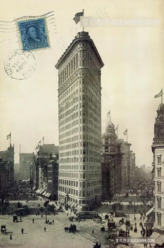 高楼大厦广场复古插画