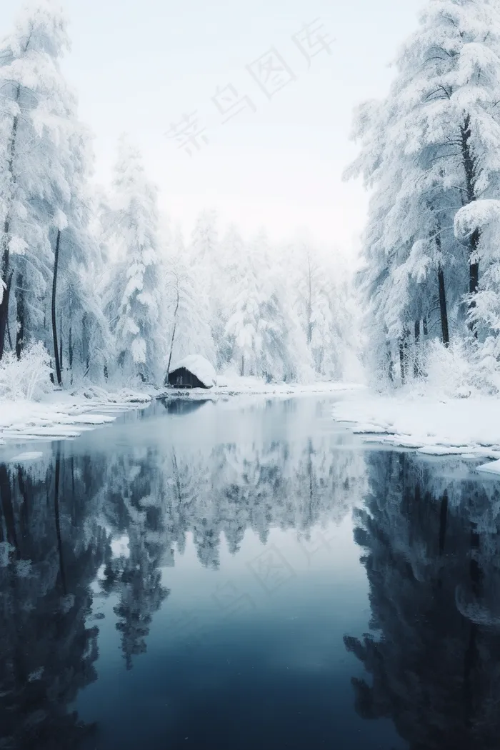 雪天森林深处的湖边小木屋摄影图(2688x4032)