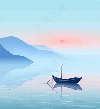 中国风意境湖面山脉云层山水画插画