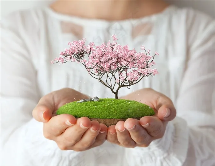 手捧着植物建筑的人物素材图片