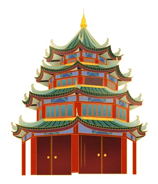 复古中国风国潮古建筑插画手绘高楼古塔PSD素材亭子png免抠图