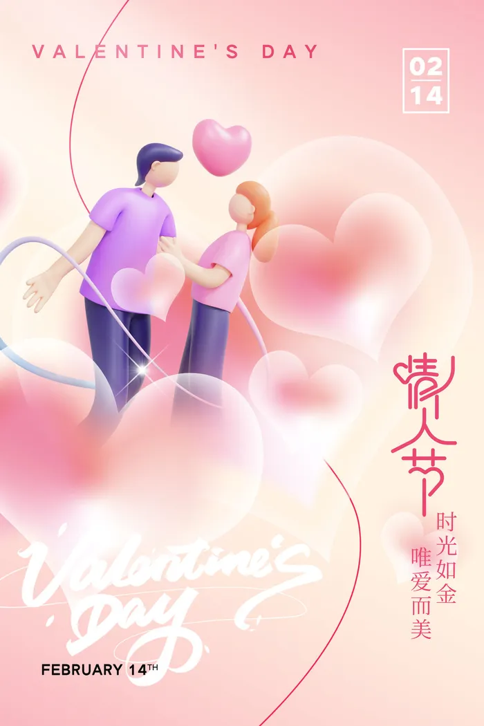 情人节心形3D人物创意海报psd模版下载