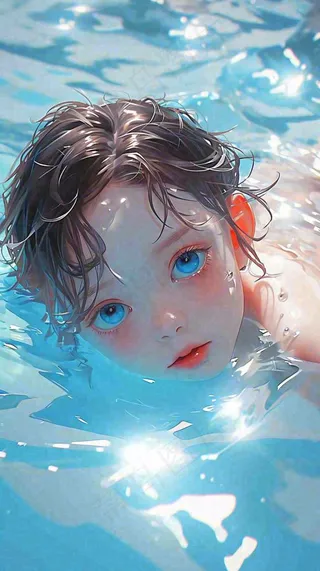 夏天儿童男孩水里游泳戏水，小暑大暑