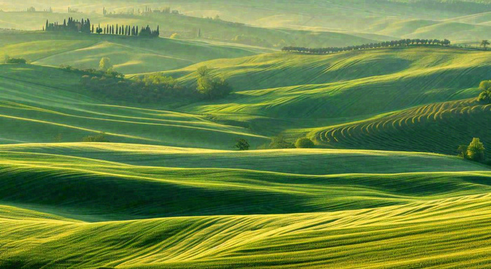 春日阳光下绿色连绵山脉草坪