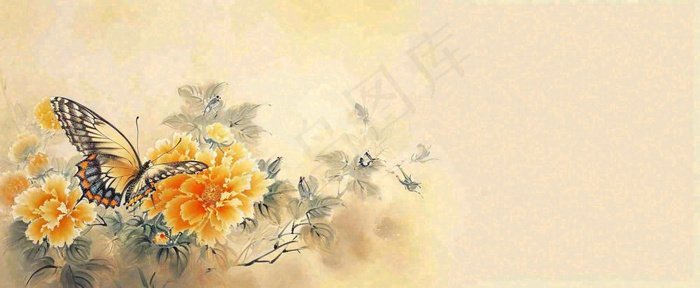 温馨纹理橙色花朵鲜花蝴蝶意境唯美渐变，中国风(1712x704)