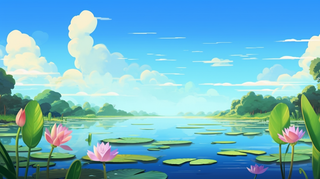 夏日湖面荷花睡莲远山白云卡通插画蓝色背景