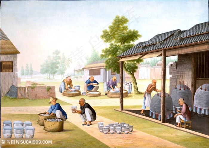 古代整理瓷器集市贸易场景绘画图片