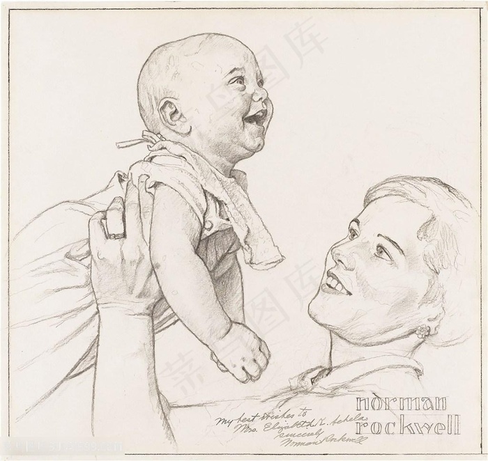 诺曼 · 洛克威尔手绘素描母子装饰画