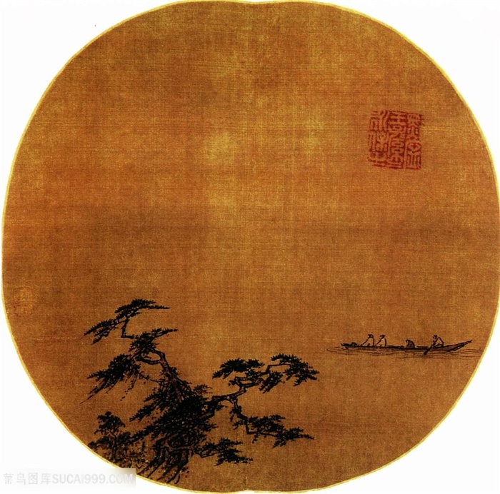 中国水墨山水画泛舟团扇扇面