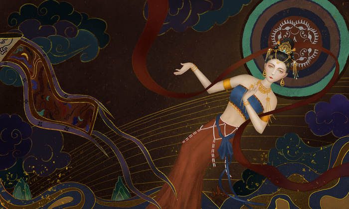 复古中国风国潮神话人物敦煌插画仙女手绘海报背景PSD设计素材