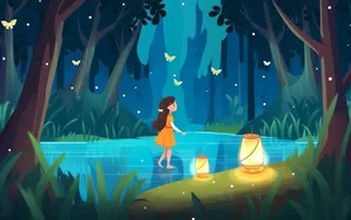 夜晚森林萤火虫蝴蝶插画背景