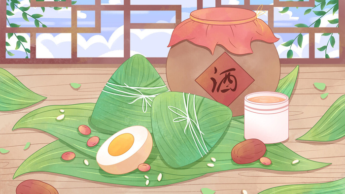 国潮风中国传统节日端午节赛龙舟粽子场景插画海报PSD设计素材
