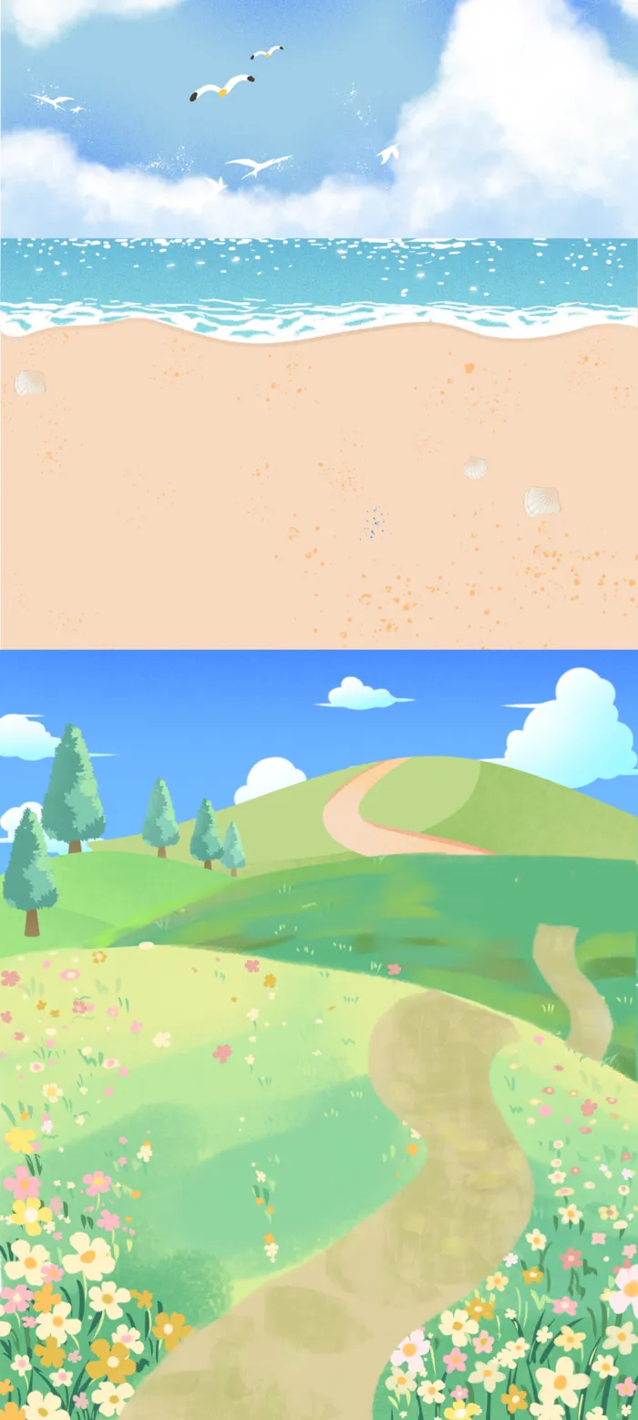 沙滩海洋草地绿色背景图