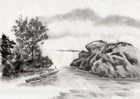 湖上的岩石和小舟水墨画