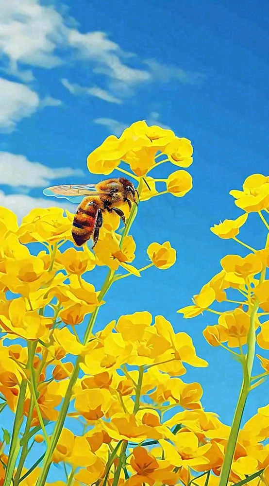 蓝天下蜜蜂在黄色花朵上，春天摄影图(816x1472)