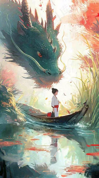 古风河面龙传统手绘插画，中国风漫画