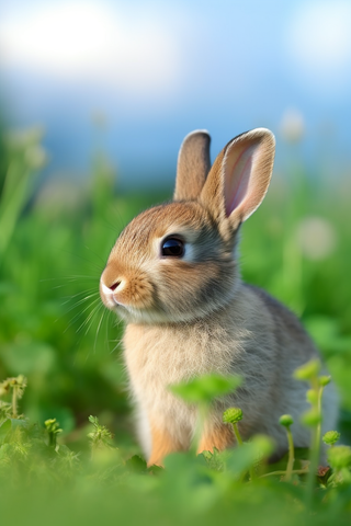 棕色兔子在草丛觅食细节摄影图