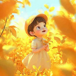 秋天秋叶小麦黄色落叶女孩小孩玩耍