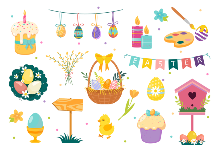 复活节符号集 春天贺卡 复活节套装 卡通 设置 卡片