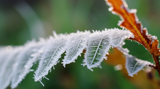 白霜覆盖在绿叶植物霜降摄影图 