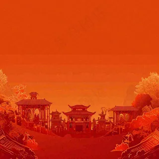 红色渐变国风建筑剪影，中国风简约