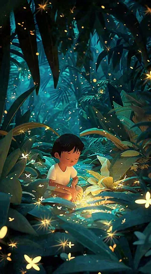 森林意境儿童少女灯光蝴蝶手绘插画，丛林树木
