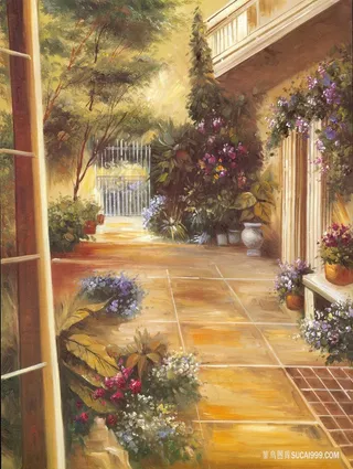 道路花卉盆栽艺术油画风景画