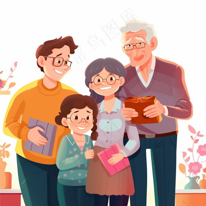 一家人家庭照礼物开心欢乐天伦之乐卡通插画素材背景