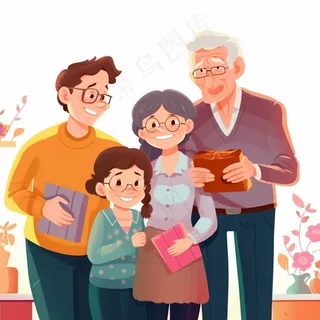 一家人家庭照礼物开心欢乐天伦之乐卡通插画素材背景