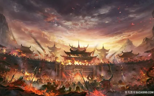 古代武将战场古城沦陷绘画图片