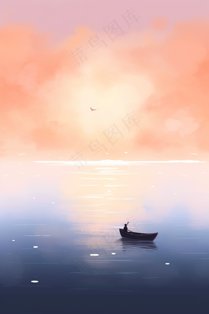 粉紫色天空和湖泊上划船的人梦幻卡通插画素材背景