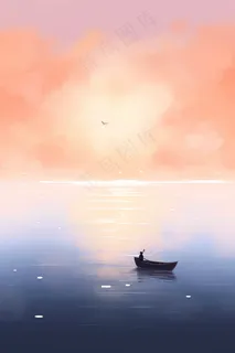 粉紫色天空和湖泊上划船的人梦幻卡通插画素材背景