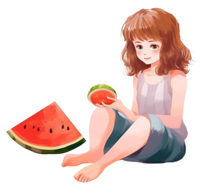 吃西瓜女孩坐着元素(946x816)