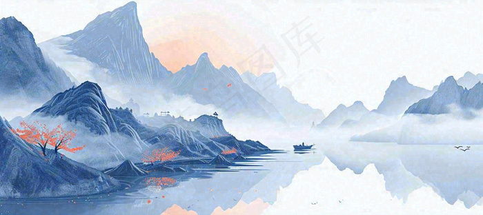 山水画简约白色河面插画手绘，中国风古风(1456x649)