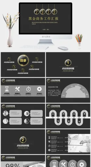 半透明玻璃质感高端黑金商务汇报总结ppt模板预览图